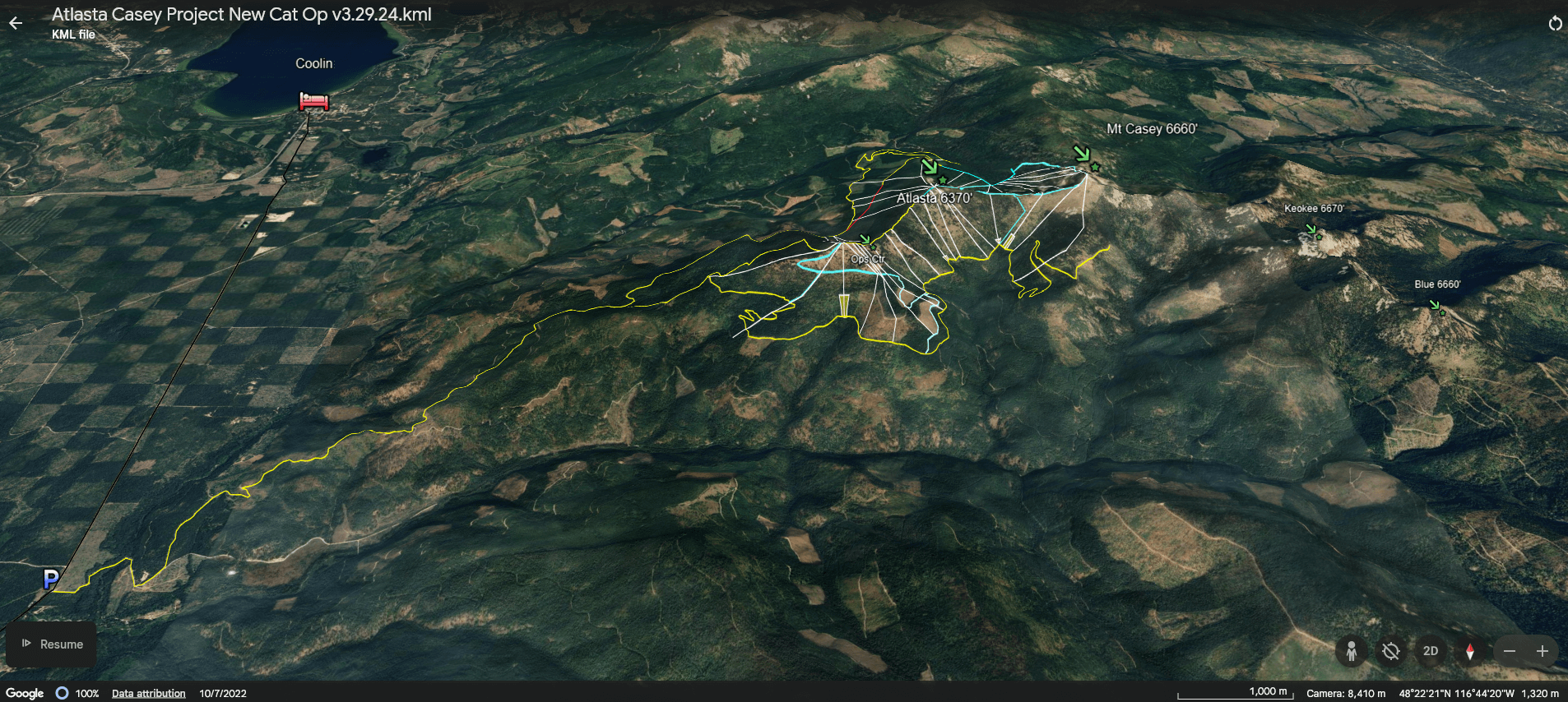 Map of new backcountry cat skiing operations at Atlasta–Casey, facing north