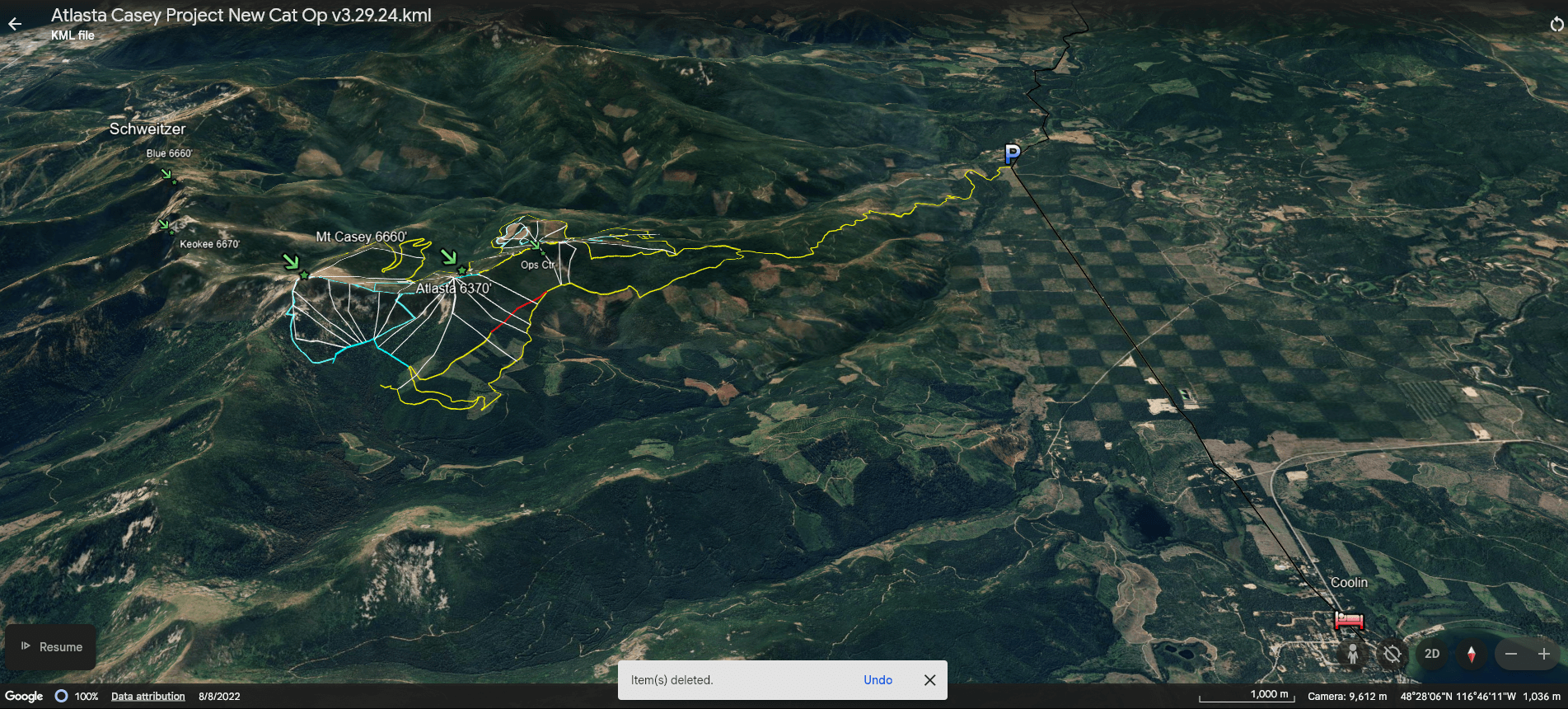 Map of new backcountry cat skiing operations at Atlasta–Casey, facing south
