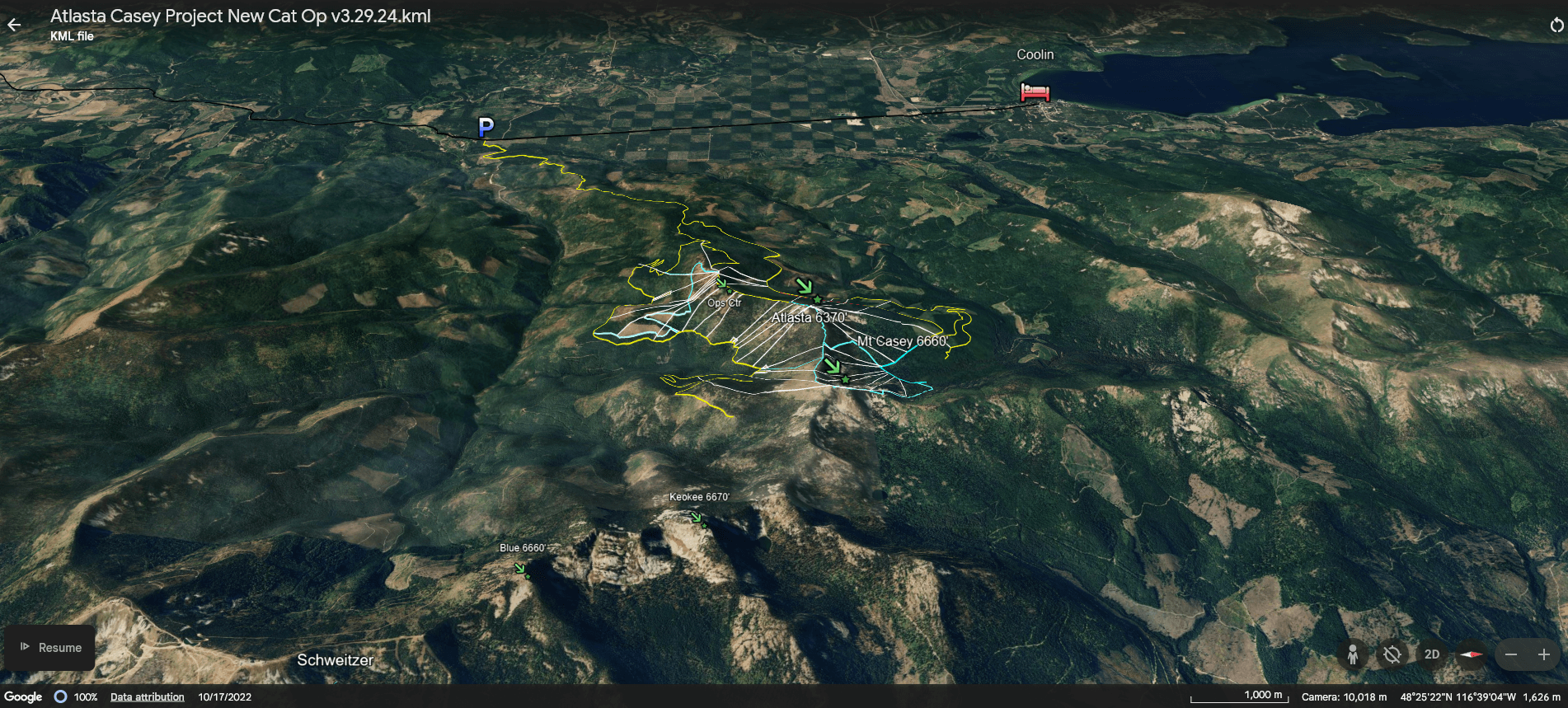 Map of new backcountry cat skiing operations at Atlasta–Casey, facing west