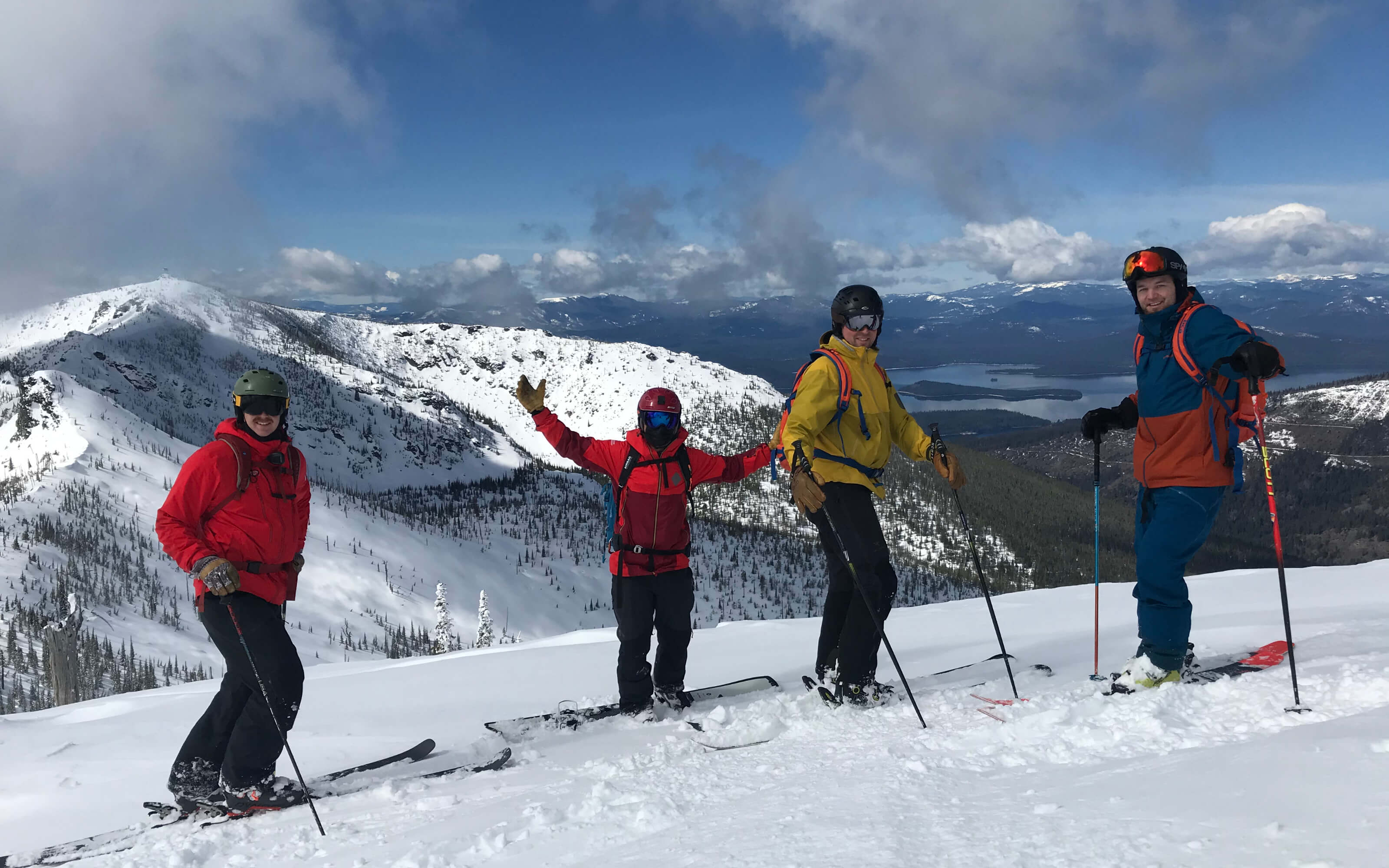 A group of backcountry riders in the mountains above Priest Lake in Idaho